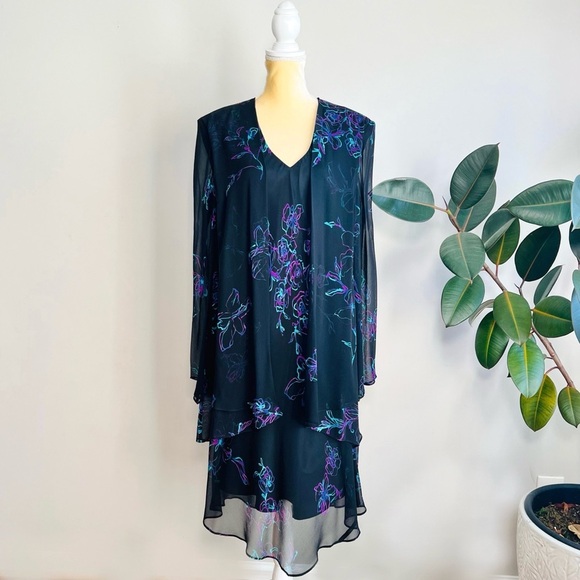 Jones New York Dresses & Skirts - Jones New York Silk Midi Dress with Attached Sheer Bell Sleeve Jacket